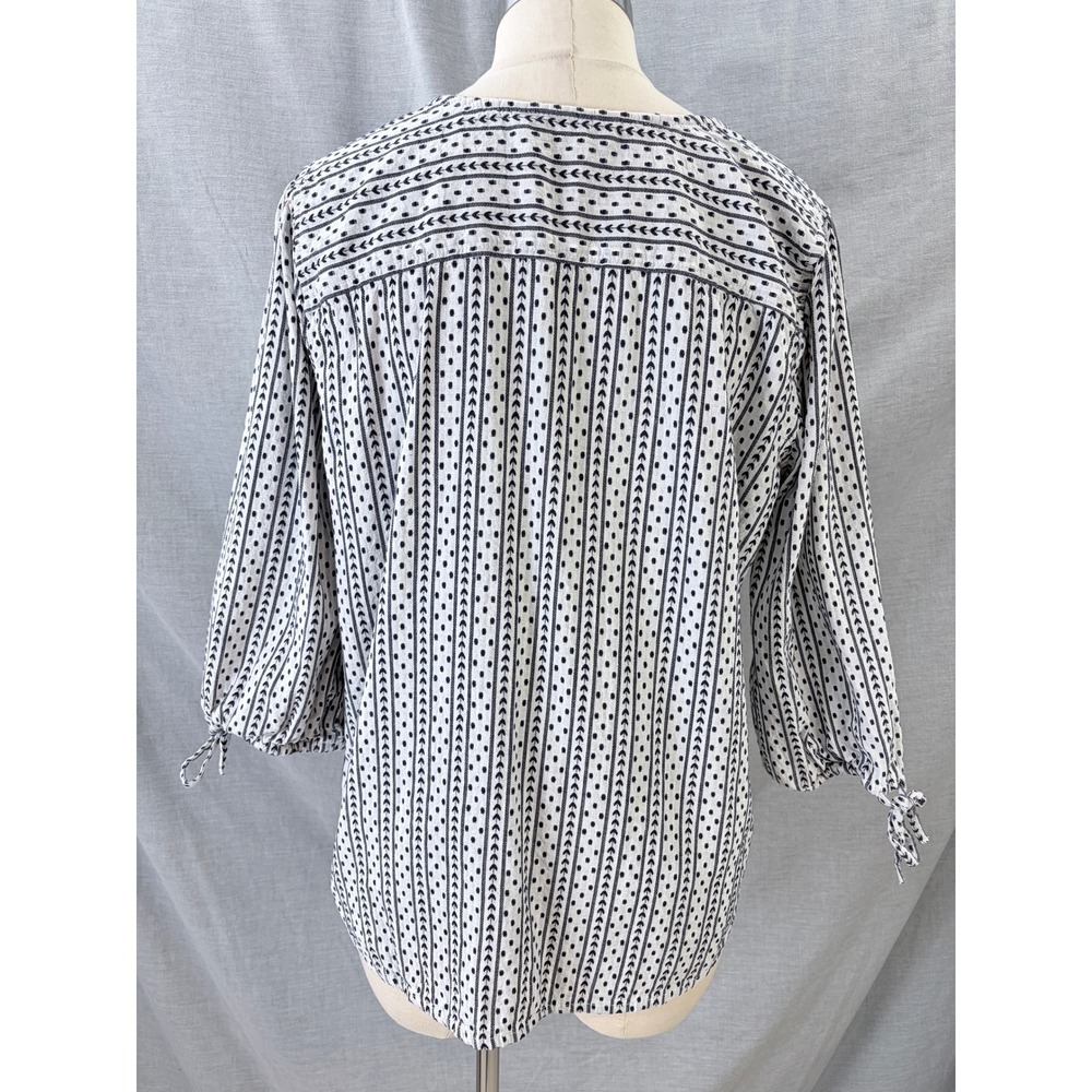 Garnet Hill Organic Cotton Button Front Blouse Navy White Print Tie Sleeve L - Picture 3 of 10